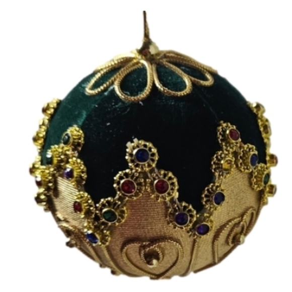 Handmade Christmas ornament Hand Crafted Green Gold beaded tassel fabric unique - Picture 5 of 5